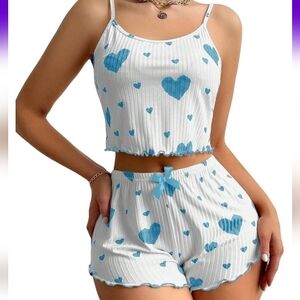 Blue and White 2 Piece Ribbed Lounge Set- Crop Cami Top and Shorts Soft